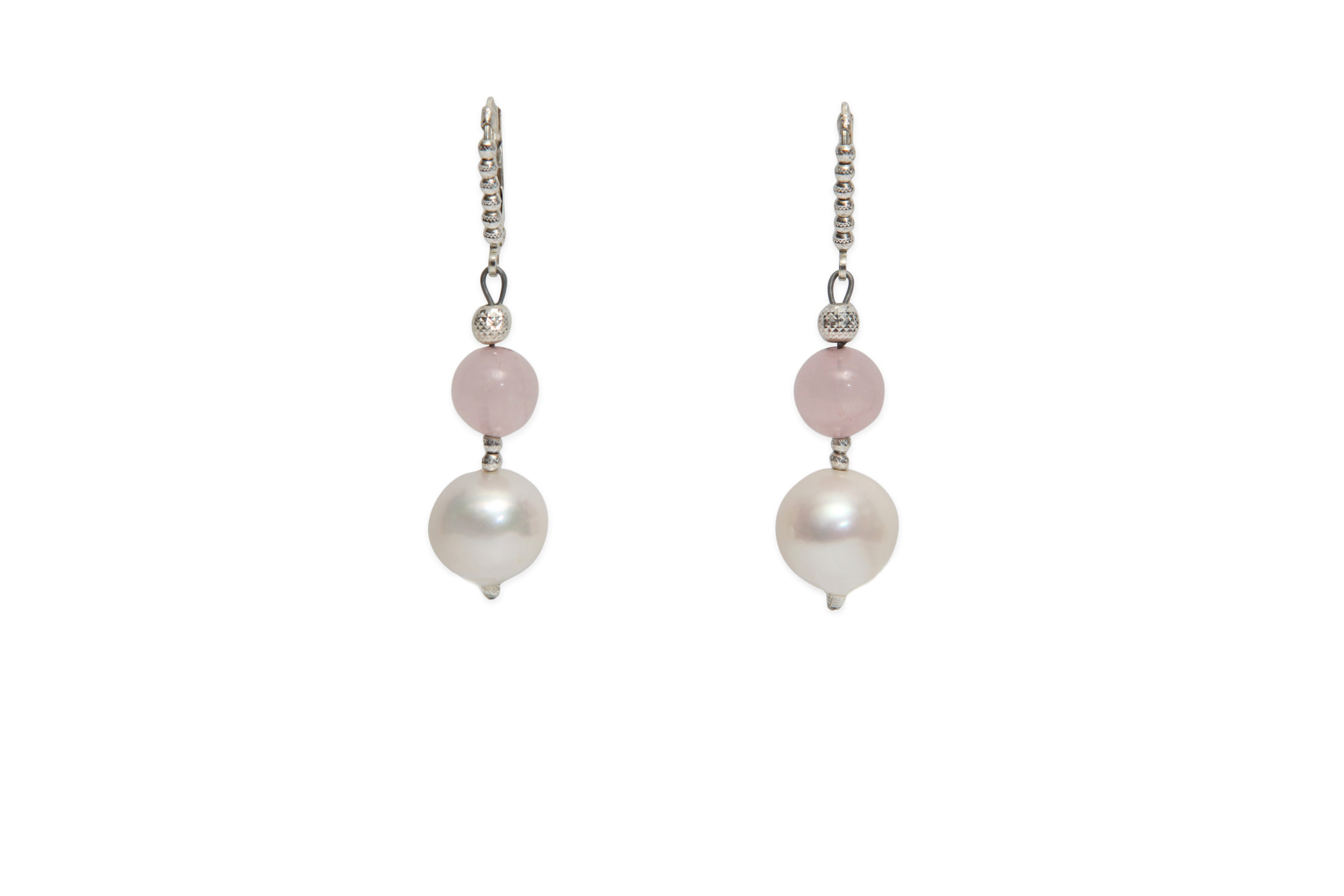 Freshwater White Pearl And Rose Quartz Dangle Earrings Freshwater White Pearl And Rose Quartz Dangle Earrings